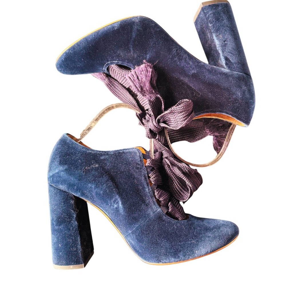 Chloe Harper Blue Velvet Lace Up Ankle Boots With Tassels Women’s Size 41 - Picture 2 of 9